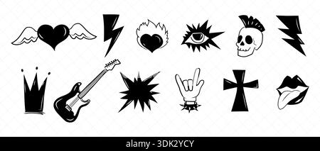 Punk rock music grunge elements in emo gothic style, Doodle set marker scribbled graffiti stickers, Hand drawn tattoo punk rock vector illustrations Stock Vector