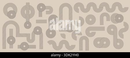 Line zen arch vector set with abstract geometric shapes. Simple linear rainbow arcs, circles in retro boho style, inspired by Mid century modern desig Stock Vector