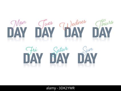 day names concept. Monday, Tuesday, Wednesday, Thursday, Friday, Saturday, Sunday Stock Vector