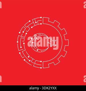 digital wheel, industrialization, moon and star on red background. Stock Vector