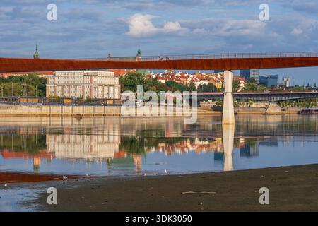 City skyline of Warsaw with pedestrian and bicycle footbridge over the Vistula River  and view to the Old Town in Poland. Stock Photo