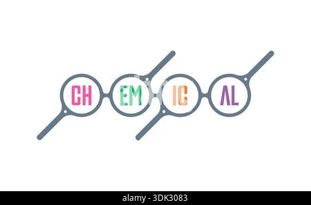 compound magnifying glasses and the word chemical. chemical concept. Stock Vector