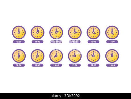 cute purple watches. twelve step clock interface. 12 steps clock interface for education, school world. Stock Vector