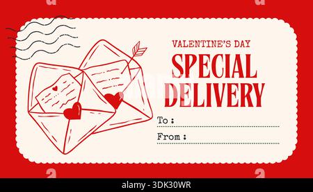Whimsical Coquette Doodle Style Valentines Tag With Envelopes, Hearts, Arrow And Postal Special Delivery Message, Vector Stock Vector