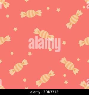 Fun seamless pattern featuring orange wrapped candies, stars, and dots. Ideal for snack packaging, birthday party themes, kids' stationery, and colorf Stock Vector