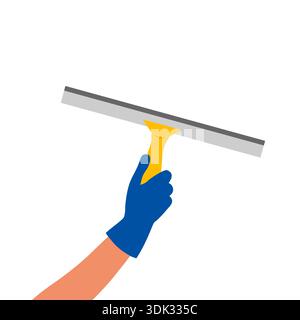 Window scraper. Woman's hand iblue glove holding window scraper with a yellow handle. Cleanliness and transparency of windows. Stock Vector