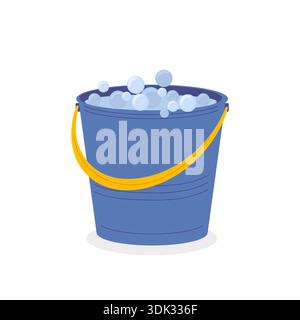 Vector flat illustration with blue bucket filled with soapy foam. Concept of cleanliness, cleaning. Stock Vector