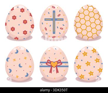 Whimsical color Easter eggs with different patterns, vector icon set. Traditional Eastern European food signs for the holiday. Creative festive pictog Stock Vector