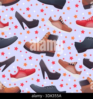 Mens and womens shoes seamless pattern. Leather boots. Casual sneakers and gumshoes with shoelaces. Stylish foot clothing. Repeated print. Male or Stock Vector