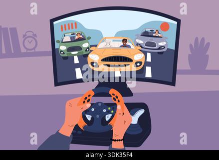 Male gamer plays video game. Players hands holding gaming steering wheel for racing on computer. Joystick and device screen. Videogame display at Stock Vector