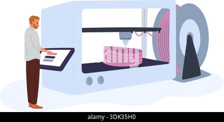 Male engineer stands at 3D printer control panel. Creating objects using innovative technology. Additive printing equipment. Prototyping model Stock Vector