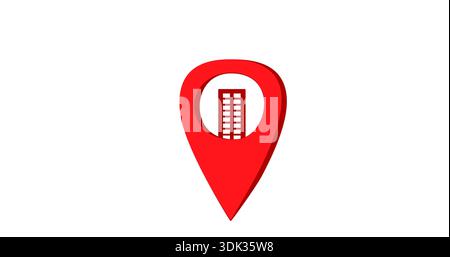 Red GPS location marker with building icon, isolated on white background. Represents urban location, address, real estate, offices and business points Stock Photo