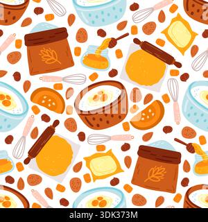 Ingredients for baking cakes and cookies seamless pattern. Products for cooking. Flour bag. Eggs whisk. Dough roll. Muffin culinary recipe with butter Stock Vector