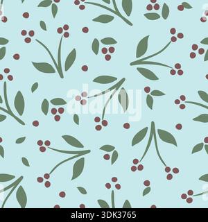 Hand-drawn tossed floral buds seamless vector pattern background. Simple scattered red green flowers on a light blue backdrop. Modern simple botanical Stock Vector