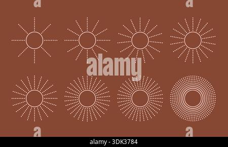 Linear dots in radial round forms. Sunbeam vector background. Circular bohemian radiating stars with dotted rays. Stock Vector