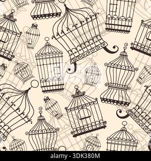Black metal openwork cages for keeping birds seamless pattern. Vintage birdcages. Birdie perches. Pets homes. Repeated print. Silhouette houses for Stock Vector