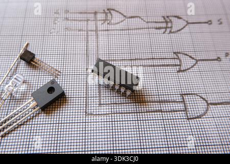 Integrated circuit on the drawing of a logic circuit. CMOS semiconductor components. Stock Photo