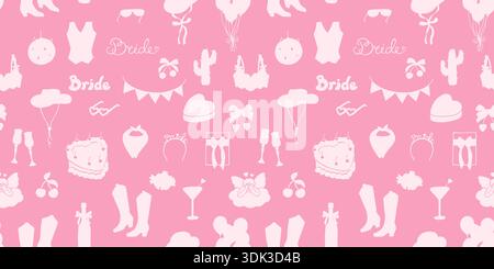 Hand drawn cowgirl and cowboy whimsical seamless pattern coquette silhouette style. Vintage whimsical western symbols bows boots hat. Cute retro playful Texas charm trendy girly aesthetic illustration Stock Vector