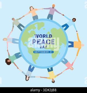 World Peace Day illustration showing diverse people holding hands around the globe, symbolizing global unity, harmony, and shared responsibility Stock Vector