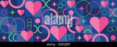 Geometric Valentines background pattern in minimalist bauhaus style. Geometric line drawing. Valentines Day seamless pattern Hearts Banner with Abstra Stock Vector
