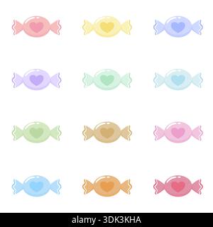 A charming collection of 12 pastel candy vectors featuring a sweet heart design. Ideal for Valentine's Day decorations, wedding invitations, romantic Stock Vector