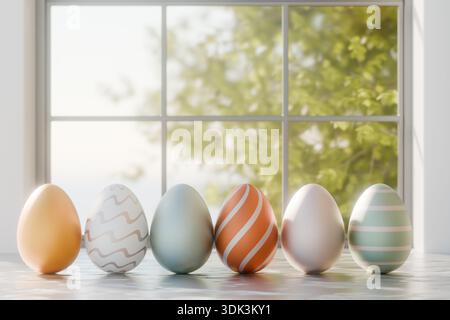 Six pastelcolored Easter eggs with patterns sit on a table near a window showing spring foliage. 3d rendering Stock Photo