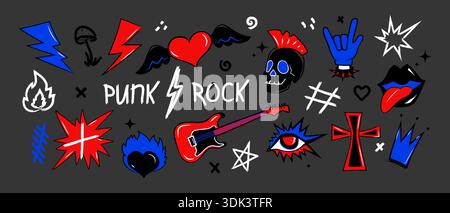 Punk rock music grunge elements in emo gothic style, Doodle set marker scribbled graffiti stickers, Hand drawn tattoo punk rock vector illustrations Stock Vector