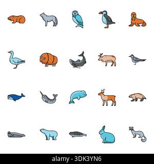 Arctic animals color line icons set for digital and print projects. Minimal clean icons for apps and websites. Modern simple icons for UI UX and brand Stock Vector