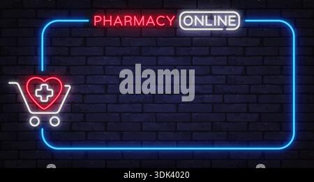 Neon pharmacy online sign with medical cart icon on dark brick background. Healthcare concept ideal for online drugstores, delivery services, or promo Stock Vector