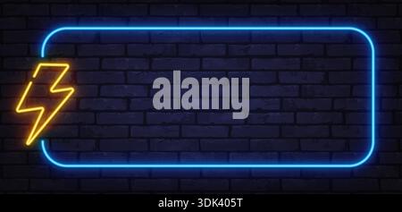 Neon lightning bolt inside glowing rectangular frame on dark background. Energy themed design ideal for power concepts and tech branding. Stock Vector