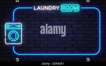 Neon laundry room sign with washing machine icon on brick wall. Home service concept perfect for interiors, rentals, or facility signage. Stock Vector