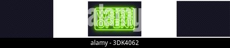 Bright neon we are open message inside glowing frame. Business announcement design ideal for storefronts, ads, or online banners. Stock Vector
