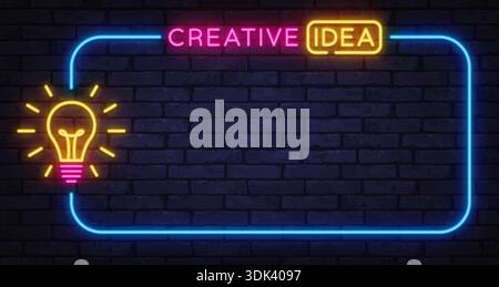 Neon creative idea sign with glowing light bulb inside bright frame. Inspiration concept perfect for startups, brainstorming, or marketing visuals. Stock Vector