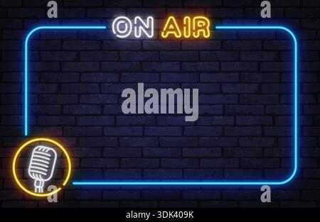 Neon on air sign with microphone icon inside glowing frame. Broadcast concept suitable for radio studios, podcasts, and streaming visuals. Stock Vector