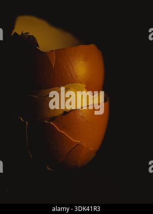 Close-up of a cracked eggshell revealing delicate texture and organic pattern on a dark background. Stock Photo