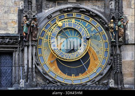 Medieval astronomical clock mounted on the southern wall of Old Town City Hall in the Old Town Square,Prague,Czech Republic,Europe Stock Photo