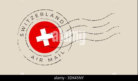 Vintage Switzerland Air Mail Postmark Stamp Featuring Iconic Swiss Flag Symbol with Grunge Distressed Retro Aesthetic.. Stock Vector
