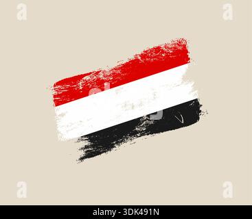 Artistic Yemen National Flag Painted with Distressed Grunge Brush Strokes, Expressing Patriotic Identity and Strong Graphic Design Element. Stock Vector