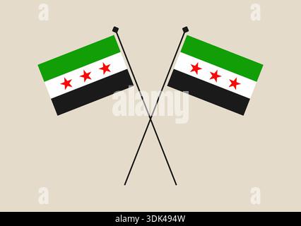 Crossed Syrian Independence Flags Displayed on Poles, Representing National Identity, Unity, and a Geopolitical Movement Symbol.. Stock Vector