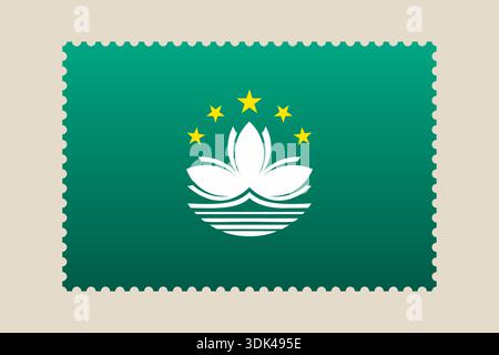 Official Macau Special Administrative Region flag with a lotus and stars, depicted as a symbolic postage stamp vector graphic.. Stock Vector