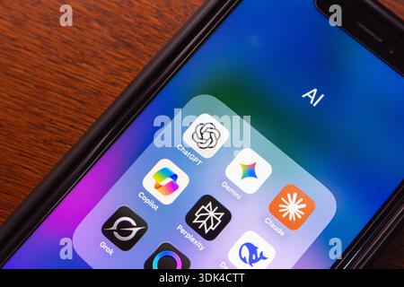 Quito, ECUADOR - Oct 13 2025 : AI chatbot apps include ChatGPT, Gemini, Claude, Copilot, Perplexity, DeepSeek, Grok and Meta AI. Stock Photo