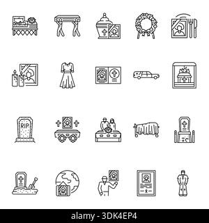 Funeral service black line icons set. Vector isolated element. Editable stroke. Stock Vector