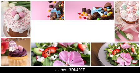 Tasty Easter cakes and fresh salads, collage with space for text. Spring season dishes Stock Photo