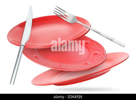 Plates, fork and knife falling on white background Stock Photo