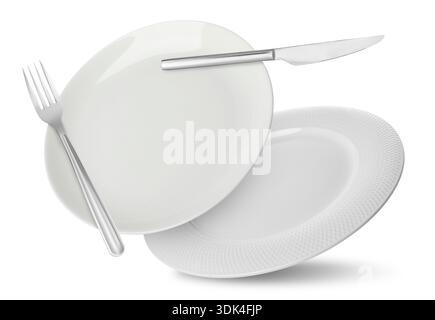 Plates, fork and knife falling on white background Stock Photo