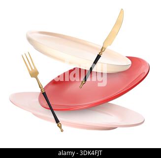 Plates, fork and knife falling on white background Stock Photo