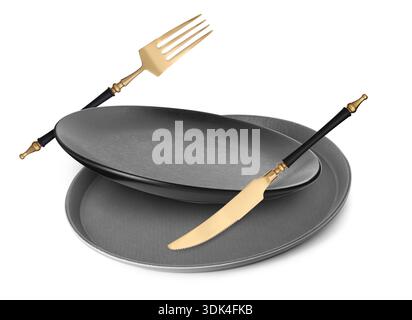 Plates, fork and knife falling on white background Stock Photo