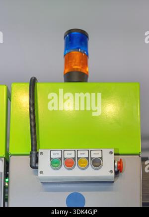 Machine Control Push Buttons Start Signal Stack Lights at Top Stock Photo