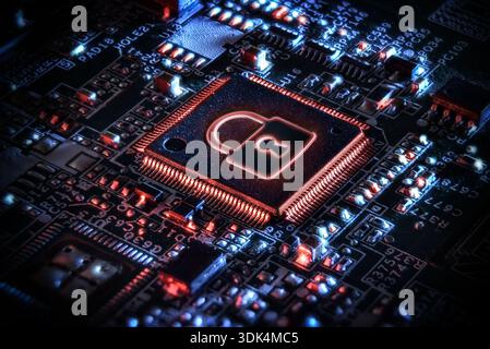Chip with padlock symbol on printed circuit board as a concept of digital protection and security against cyberattacks and data encryption. Elevated v Stock Photo