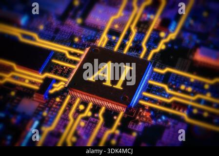 A futuristic microchip labeled AI sits on a circuit board, with glowing yellow pathways radiating through blue and purple electronics. Stock Photo